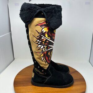 Ed Hardy Tall Faux Fur Boots Size 6 Black Tiger Painted Suede Studded